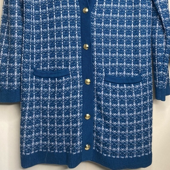 Talbots Merino Wool Long Cardigan Blue Plaid Sz L Button Up Like New - Picture 6 of 9